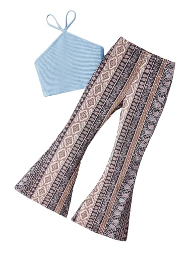 Image of Floerns Girl's 2 Piece Outfit Halter Crop Top and Paisley Bell Bottom Pants Set