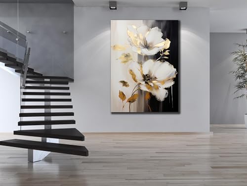 Affiche abstraite fleurs blanches et noires pour décoration murale
