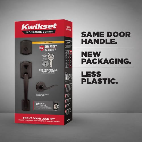 Image of Kwikset Prescott Front Door Lock Handle and Deadbolt Set, Entry Door Handleset Exterior with Tustin Interior Reversible Lever, Venetian Bronze, Pick Resistant SmartKey Rekey Deadbolt Security