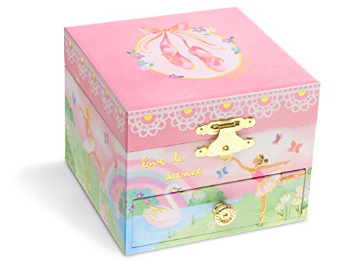 Jewelkeeper | Kids Jewelry Boxes For Girls - Musical Jewelry Storage Box - Girls Wooden Treasure Keepers - Rainbow and Gold Foil Design - Swan Lake Tune - 4.25"D x 4.75"W x 3.5"H (Spinning Ballerina)