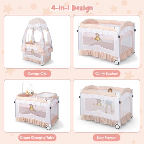 Image of BABY JOY 4 in 1 Pack and Play with Canopy, Portable Baby Playard with Bassinet, Double-Layer Baby Crib, Wheels & Brake, Foldable Baby Girl Pink Bassinet from Newborn to Toddler