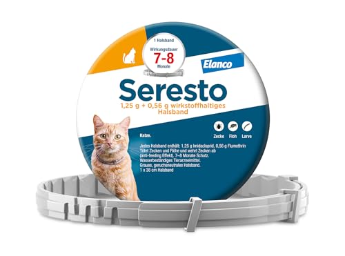 Seresto Halsband für Katzen gegen Zecken & Flöhe, Zeckenhalsband für 7-8 Monate Schutz vor lästigen Parasiten, Länge: 38 cm, geruchsneutral inkl. Sicherheitsverschluss