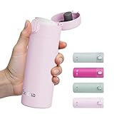 Exllena Small Insulated Water Bottle with Push-Button Lid – 12.8oz/380ml Small Flask, Leakproof Mini Water Bottle for Coffee, Milk, Travel, School & Office Use(Pink)