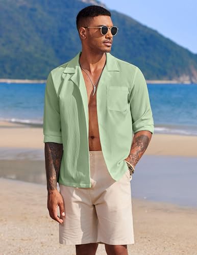 Image of DEELMO Mens Casual Button Down Shirt Summer Beach Shirts Long Sleeve Cuban Collared Tropical Textured Shirts
