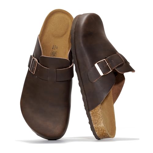 Project Cloud Mens Clogs - 100% Full Grain Genuine Leather Clogs for Men with Memory Foam Insole and Arch Support Natural Cork Footbed - Non Slip Mules Mens Slippers (Brooklyn CHOCDIS 10.5)