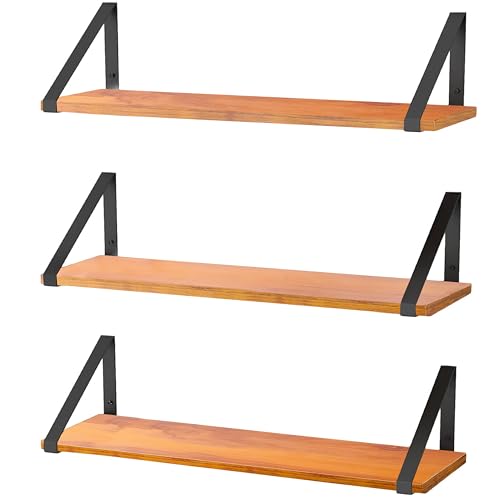 Image of Decazone Floating Shelves for Wall Storage - Set of 3, MDF Board Bookshelves for Living Room, Bedroom, Kitchen & Office - Sturdy Wall-Mounted Display for Bookcase & Decor (Brown, Wide- 36 inch Inch)