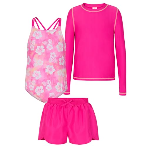 Saint Eve Kids Girls 3-Piece Swimsuit – Long Sleeve Rash Guard, Lined, One-Piece, UPF 50+, Swim Shorts for Pool, Beach, Camp