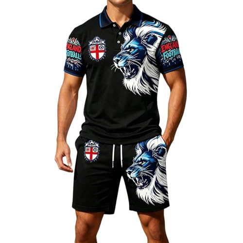 Image of Retro Football Shirts for Men, Men's England Football Shirt&Short 2026 Shirts + Shorts Set Polo Soft Tops Breathable Poloshirt Comfortable Jersey Men Stretchy Mens Soccer Clothing Black 3XL