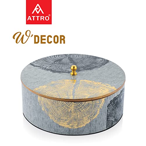 Image of Attro Circle Gold Designer Wooden Round Multipurpose Box with Lid for Kitchen Storage Box, Chapati Box, Chocolate Box