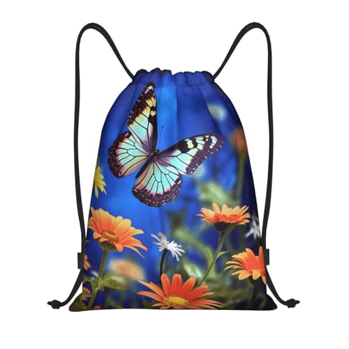Drawstring Bag Lightweight Small Gym Bag for Women Butterfly and Flower Soccer Backpack for Sports Travel
