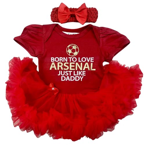 Image of Baby Girl's Born To Love Football Red Tutu Romper with Headband, Newborn Baby Personalised Arsenal Football Daddy's Girl Dress (3-6 Months)