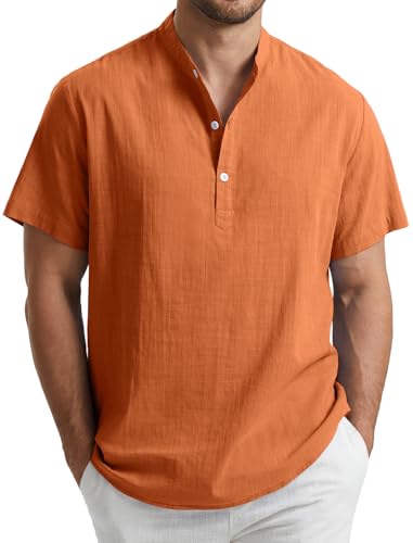Enlision Chemise Terracotta Homme Manches Courtes Col Mao Été Chemisette Lin Homme Leger Casual Tee Shirt Couleur Unie Henley Haut de Plage Travail Taille M
