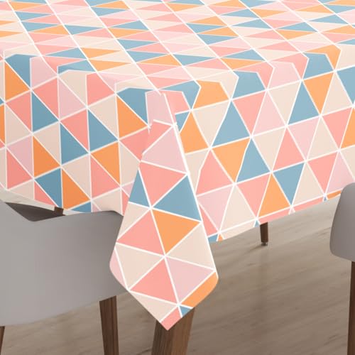 Image of Encasa XO Printed Table Cloth 4.6 ft for 4 Seater Dining Table, 100% Silky Polyester, Machine Wash to Remove Food Stains, Non-Fading, Non-Shrinking, Cheap & Durable - Big Triangles Apricot