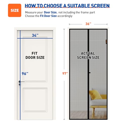 Image of MAGZO Screen Door Magnets 34 x 96, Durable Fiberglass Door Mesh with Full Frame Hook&Loop for Entry Door Fits Door Size up to 34 inchx96 inch Max-Black | 36 inch x 97 inch Door Screen Magnetic Closure & Windproof Fastener, Pet Friendly Dutch Screen Door Mesh Hands-Free