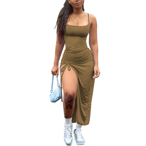 Image of Nimsruc Womens Sexy Summer Dresses Spaghetti Strap Thigh-high Slit Ruched Bodycon Maxi Club Cocktail Party Dress Brown XL