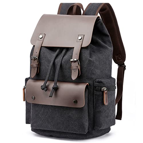 TOKSHOP Mochila de Lona com Partes em Couro e Compartimento Para Notebook de Até 15.6 Polegadas Impermeável Resistente Costura Reforçada com Diversos Bolsos