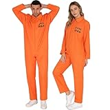 Kitimi Halloween Sträfling Kostüm Herren Damen,Häftling Kostüm Orange Prisoner Costume,Gefängnis Overall Orange Gefangener Overall Verbrecher Knast Jumpsuit Cosplay Karneval Party Deko für Erwachsene