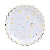 Fire and Creme Hearts Large Foiled Scalloped Party Paper Plates Gold and Pastel Colors 9 x 9