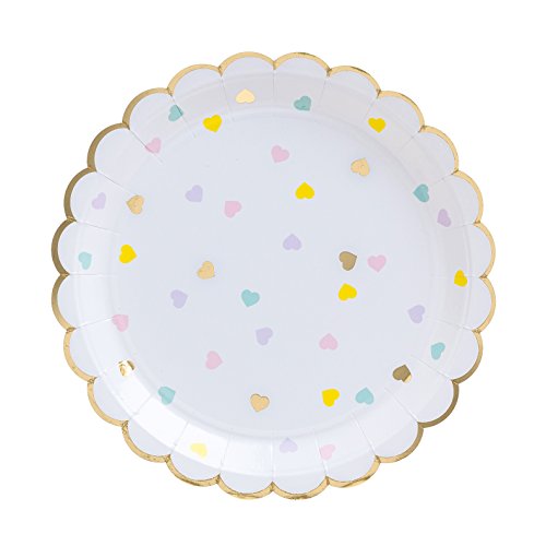 Fire and Creme Hearts Large Foiled Scalloped Party Paper Plates Gold and Pastel Colors 9 x 9