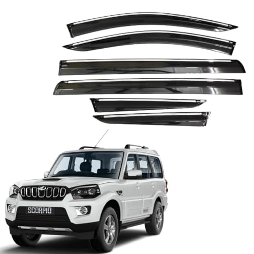 Image of CAR SAAZ Chrome Line Door Visor for Scorpio 2022 (Set of 6Pcs) | Rain Guard | Wind Deflector