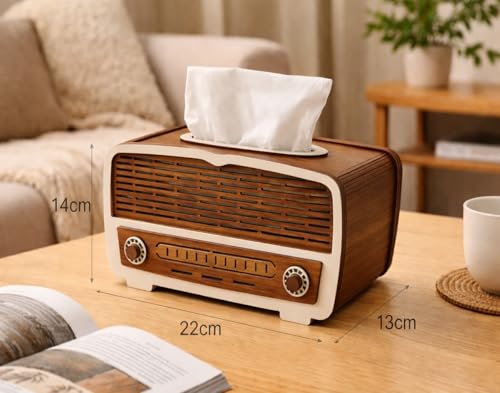 Image of Radio Wooden Tissue Box - Retro Tissue Holder for Home, Office & Car | Creative Wooden Napkin Dispenser | Decorative Tissue Case for Living Room & Bedroom (Radio Tissue Holder)