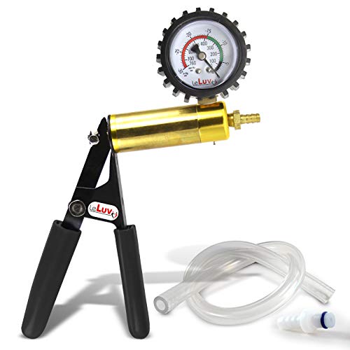 LeLuv Ultima Black Vacuum Pump - Aluminum Alloy &amp; Brass Handle Manual Hand Vacuum (0-30 Hg, 0-760 mmHg), Gauge Installed with Protective Rubber Cover, Rubber Padded Grips with Clear Hose &amp; Fitting
