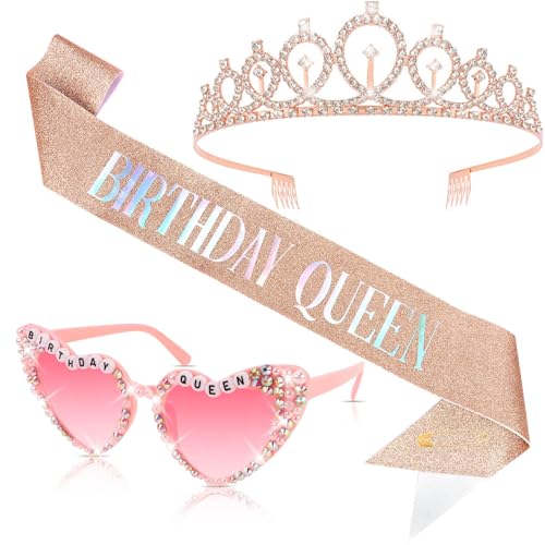 Tihebax Birthday Queen Sash and Crown & Glasses Set for Women, Rose Gold Happy Birthday Sash for Women with Tiara Birthday Decorations for Woman Girls Birthdays Party Favors