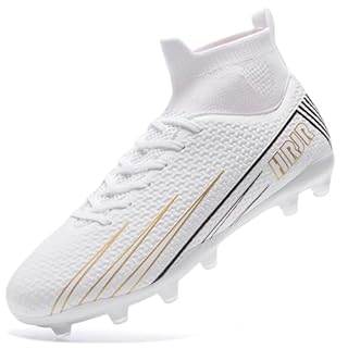 HRJR Men's Soccer Cleats Football Cleats for Unisex-Adult High-Top Spikes Shoes for Youth Lightweight Professional Training Turf Outdoor Athletic Sneaker Big Boys White 9.5