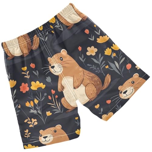 Pigsaly Boys' Swim Board Shorts Yellow Red Flower Cartoon Groundhog Boy's Swim Trunks Kids Swimwear M2
