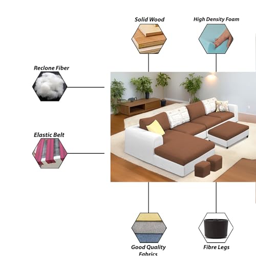 Image of Koza LHS 8 Seater L Shape Sofa Set with Center Table for Living Room (Brown Grey Fabric) Premium Fabric Sofa