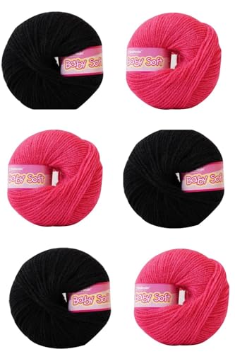 Image of Vardhman BabySoft Knitting Yarn | 100% Acrylic Wool | 4 Ply | Thin Knitting & Crocheting Hook Thread & Lightweight | Special Baby Wool | 150 Grams (6 Balls of 25g) | Machine Washable | Ideal for Blankets, Hats, Booties Ultra-Soft for Baby Sweaters, Blankets, Caps, Socks, Soft toys, Art & craft (Black 21 + Dusky Pink 75)