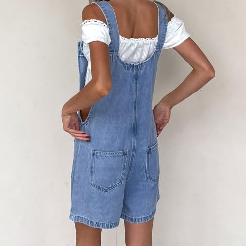 Cusghjbsg Women Denim Bib Shor Overalls Adjustable Suspender Romper Shorts Casual Rolled Cuff Wide Leg Jumpsuit Shortalls With Pocket (Sky Blue B, XL) - Image 7
