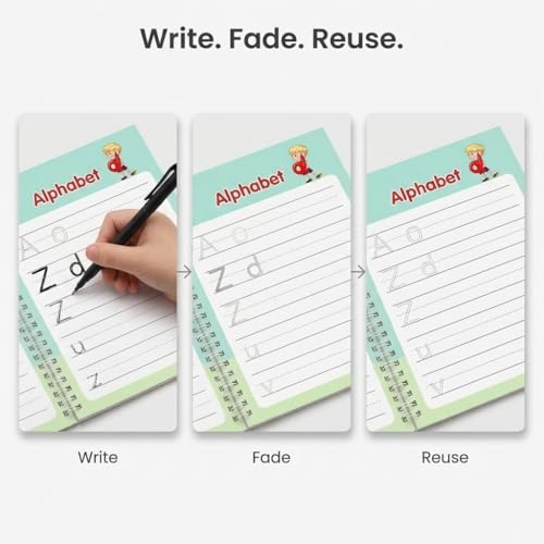 Image of Magic Practice Copybook Set for Kids (4 Books + 1 Pen + 10 Refills) | Reusable Number & Alphabet Tracing Book | Magic Calligraphy Writing Practice Book for Preschool Learning Tool