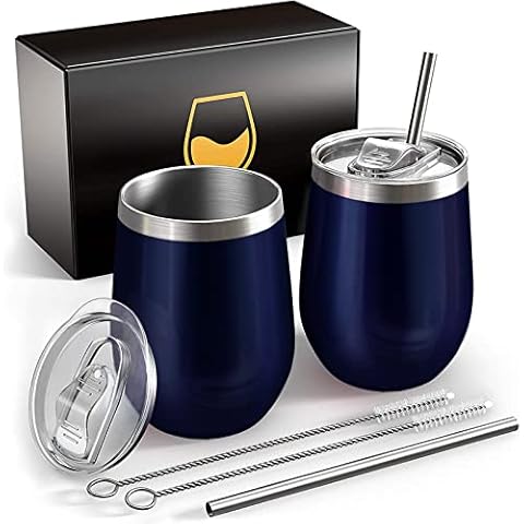 FloweryOcean Copas de vino de acero inoxidable, 250 ml, color azul oscuro Cover