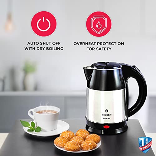 Image of SINGER Aroma Electric Kettle 1.8 Litres | 1500 Watts | Silver and Black | Stainless Steel | Cool-Touch Handle and Lid | Auto Shut Off | Tea & Coffee, Instant Noodles, Rice, Soups | 1 Year Warranty