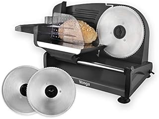 Venga! Electric Food Slicer, 1 Serrated Blade For Bread, 1 Smooth Blade for Cooked meats and Vegetables, thickness adjustment from 0 to 15mm, Removable Carriage, 200W, Black, VG AS 3005 BK BS