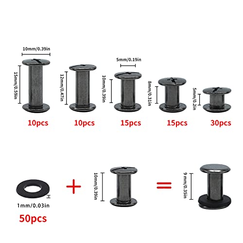 JJWNMLL 80 Set Chicago Schrauben 5/8/10/12/15 mm Buchschrauben Chicago Buchschrauben Kit Schwarze Nagelniete Chicago Knopf, Kreuzkopf Chicago Schrauben für Ledergürtel DIY Buch Scrapbook Buchbinden
