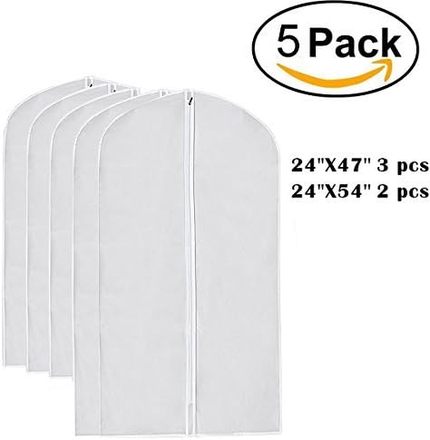 5 Pack PEVA Garment Bag, 3 Pcs 47 inch, 2 Pcs 54 Inch, Extra Length for Dresses, Gowns, Clothes Storages, Full Zipper Suit Bag, Light Weight