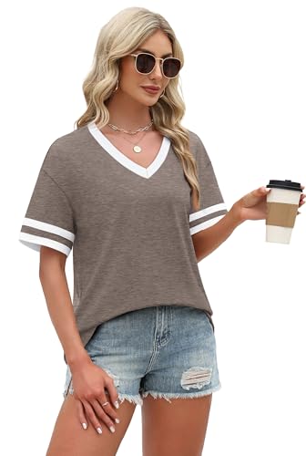 Image of WIHOLL Womens T Shirts Loose Fit Short Sleeve Tees V Neck Color Block Summer Tops 2026 Fashion S-4XL