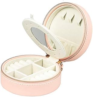 Adel Dream Jewellery Box, Jewellery Organiser, Travel Jewellery Box, Jewellery Box, with Zip and Mirror, Round, Small, for Home and Under work, Ideal for Girls and Women (Pink).