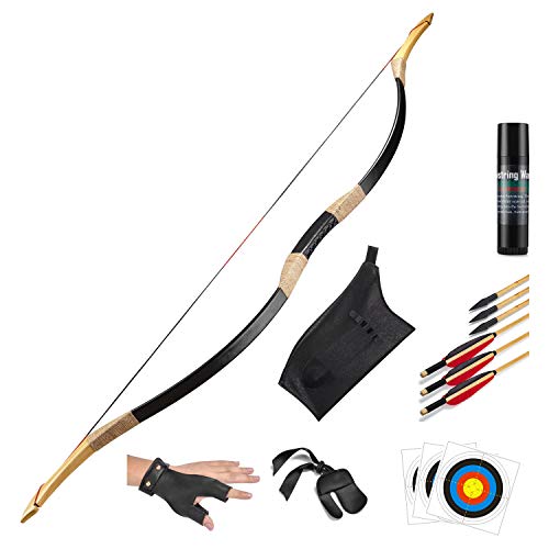 KAINOKAI Traditional Handmade Longbow Horsebow Hunting Recurve Archery Bow Recurve Bow Set (Black Warrior, 55.0 Pounds)