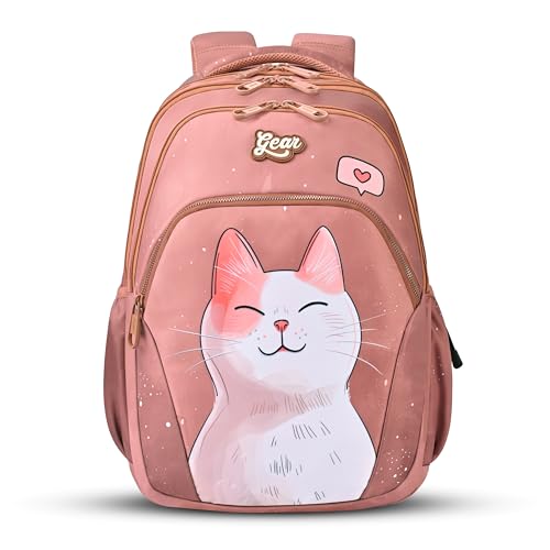 Image of Gear Cutie Cat 17 inch /27L Large Water Resistant School Bag | Casual Backpack | Daypack | Travel Backpack | Kids Bag for Boys /Girls (Brown - Pink)