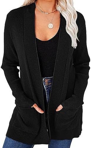 MEROKEETY Women's Fall Winter Cardigan Sweaters Lightweight Open Front Waffle Knit Sweaters with Pockets