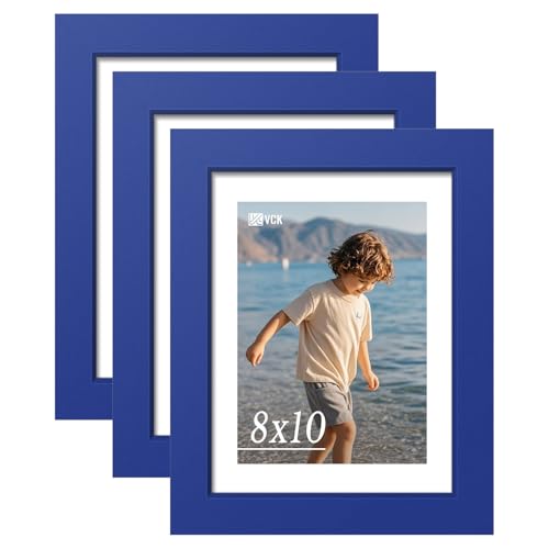 Image of VCK 8x10 Picture Frame Set of 3 - Royal Blue, Wide Border Solid Wood Frame, Display Pictures in Horizontal and Vertical, for Home, Office, Gallery, Woodgrain Series, Wall Hanging