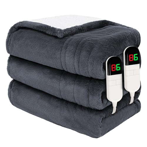 PTQ Premium Heated Blanket Queen 84" 90", Ultra Cozy Soft Electric Blanket with 8 Heating Levels, Dual Control Plush Fast Heating Faux Rabbit Fur Blanket for Bed & Couch - Auto Shut Off, Grey
