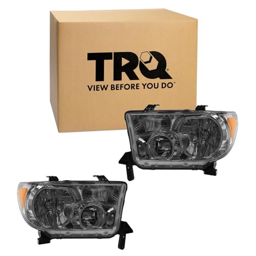 Image of TRQ Driver and Passenger Side Headlight Assembly Set Chrome Housing Compatible with 2007-09 Toyota Tundra 2010-13 Toyota Tundra without Automatic Leveling Headlights 2008-17 Toyota Sequoia