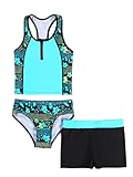 Daenrui Kids Big Girls Fashion 3 Pieces Print Tankini Swimwear Summer Beach Athletic Swimsuit Bathing Suit Green 8 Years