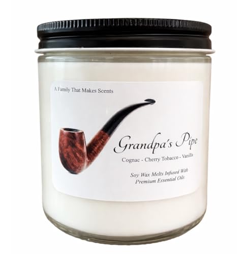 Grandpa's Pipe Candle - Highly Scented - Pet Friendly - All Natural - Hand Poured - Tobacco Cognac Cherry Vanilla Scent (16 oz)