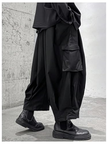 OYOANGLE Men's Baggy Cargo Pants Elastic Drawstring Waist Hip Hop Harem Trousers2
