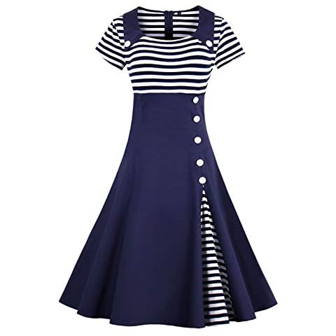 VERNASSA 50s Retro Dresses, Women 1950s Vintage A-Line Cotton Swing Dress For Rockabilly Evening Party Cocktail 1528-Navy Blue UK 8-10(tag M) Cover
